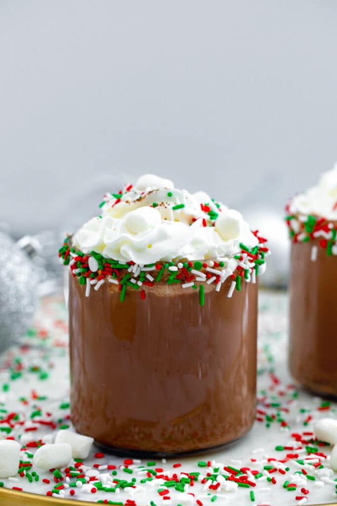 Mug of eggnog hot chocolate with whipped cream, red and green sprinkles, and mini marshmallows.