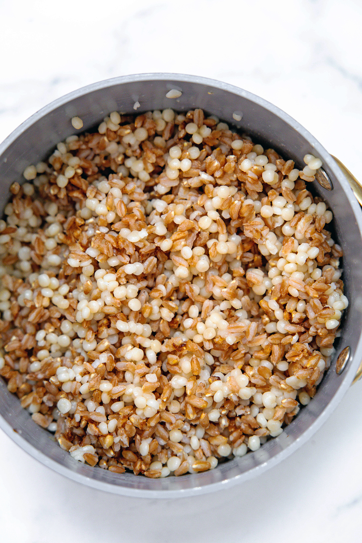 Farro and pearl orzo cooked in saucepan.