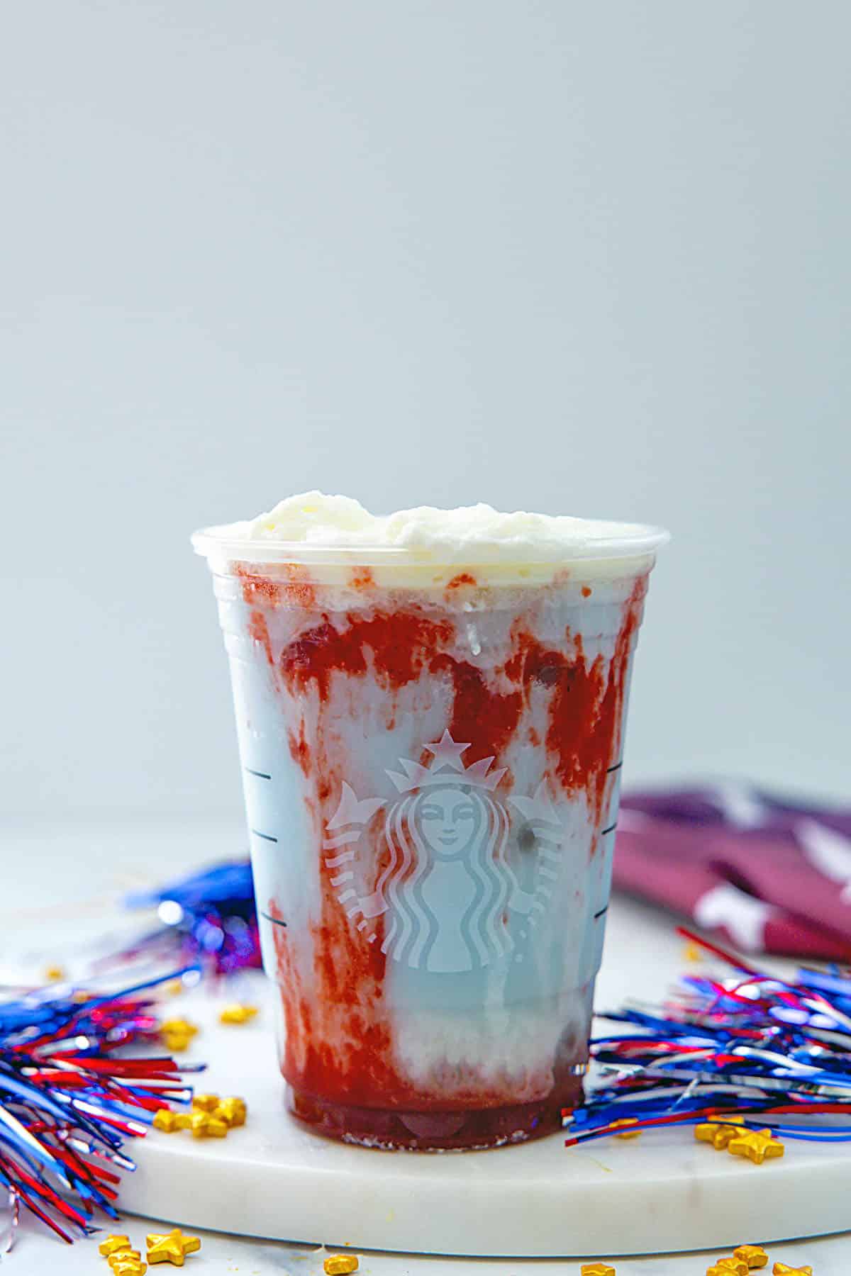 Head-on view of Firework Frappuccino in a Starbucks cup.