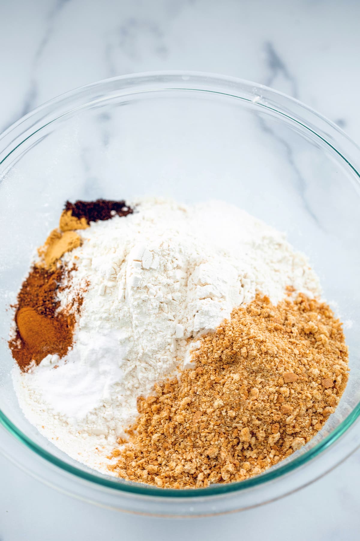 Flour, graham cracker crumbs, and spices in mixing bowl.