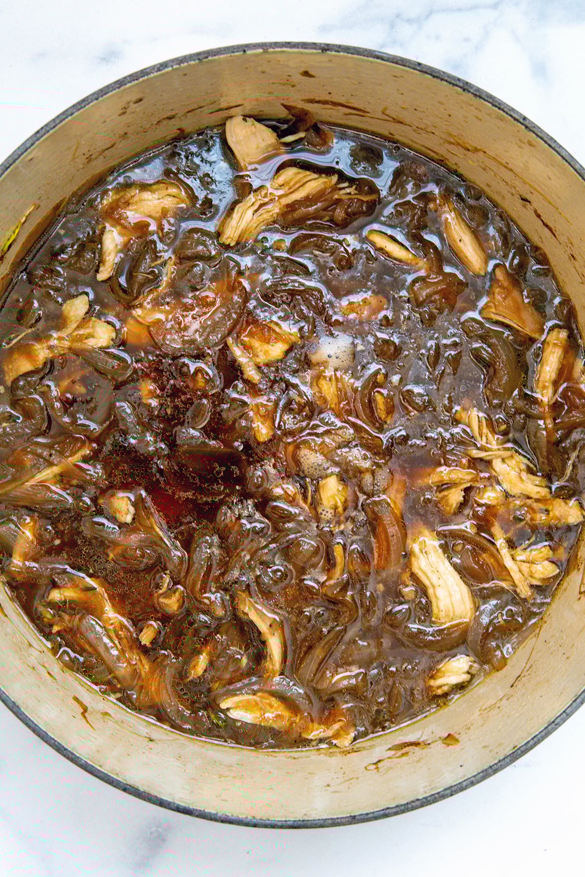 French onion chicken soup in dutch oven.