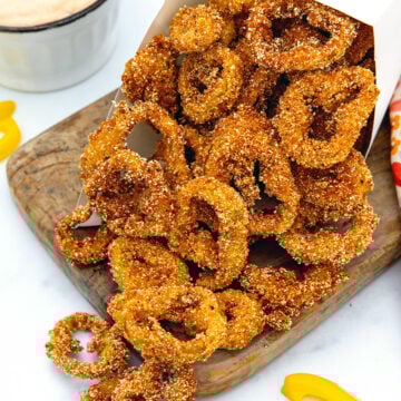 Closeup view of fried banana peppers.