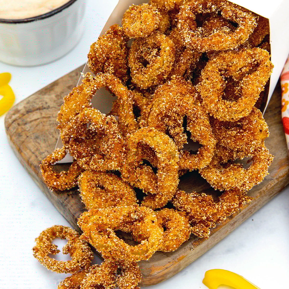 Closeup view of fried banana peppers.