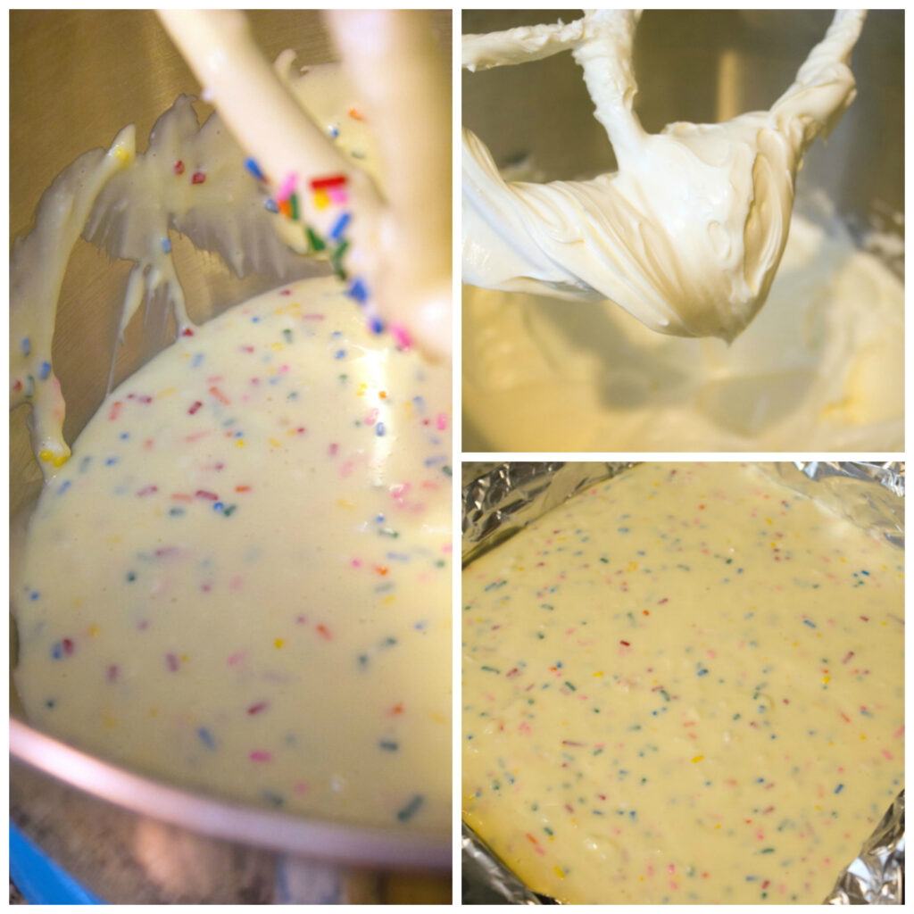 Collage showing process for making frosted animal cracker cheesecake bars, including funfetti cheesecake batter in mixing bowl, cream cheese in mixing bowl, and cheesecake batter in baking pan