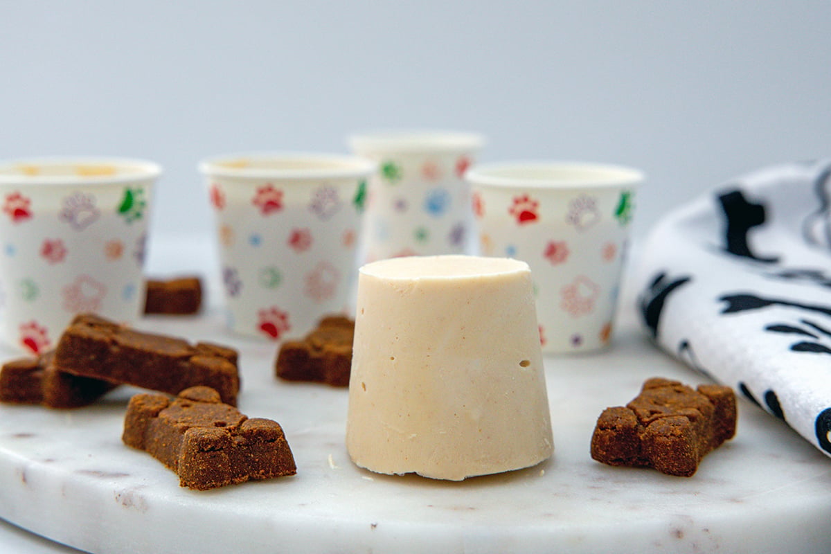 Head-on view of a peanut butter Frosty Paws ice cream cup with done bones all around.