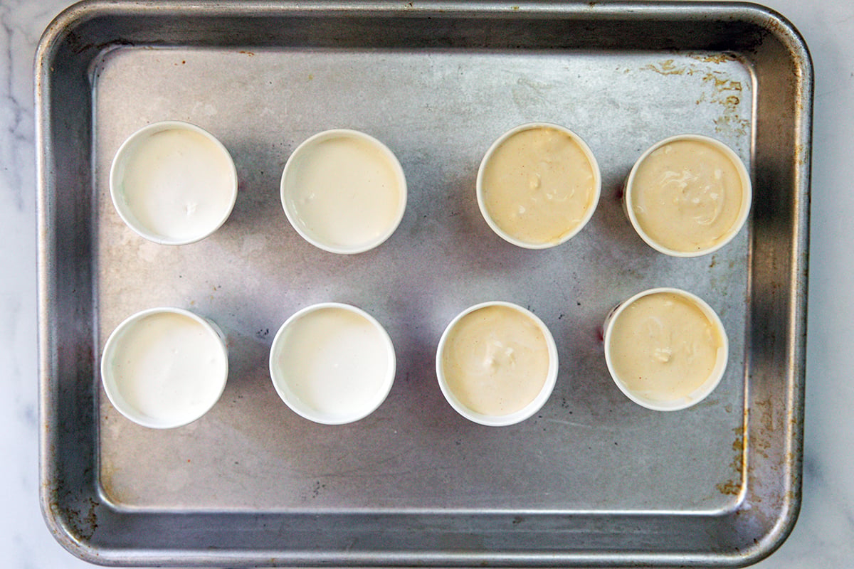 Landscape overhead view of Frosty Paws ice cream mixture in cups.