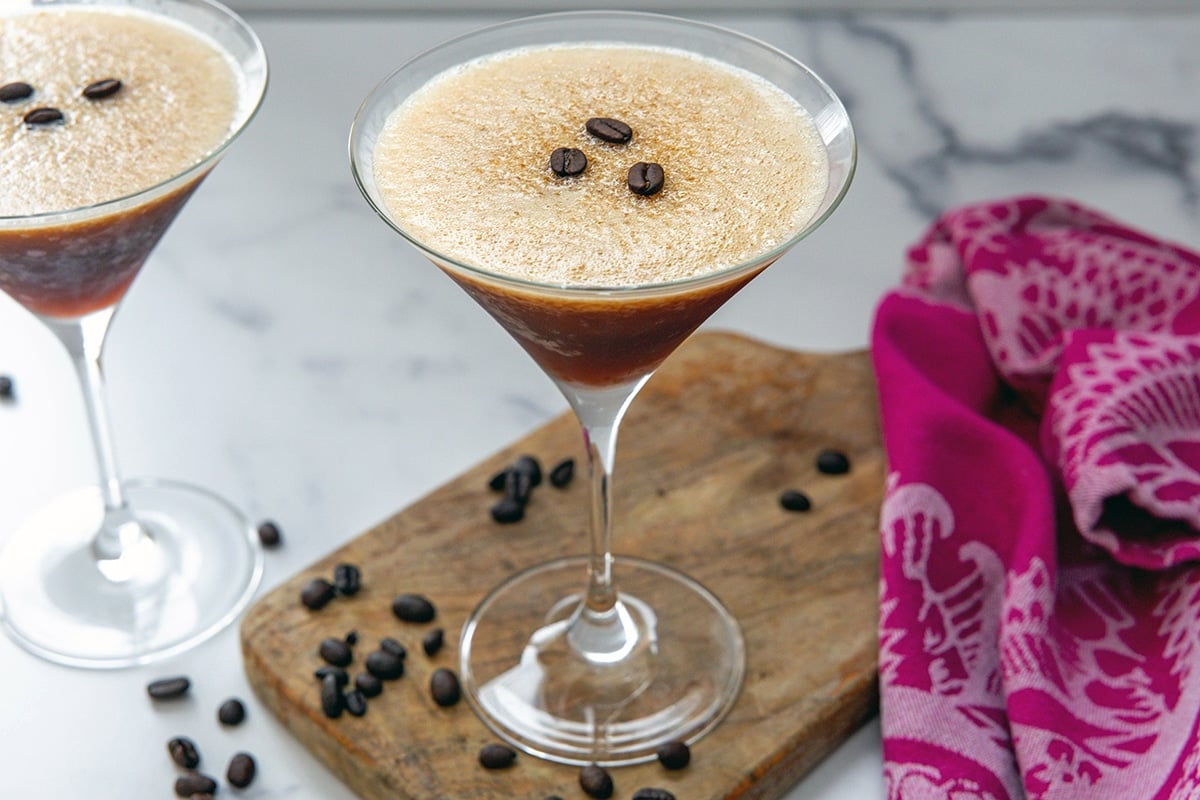 Overhead landscape view of a frozen espresso martini topped with espresso beans.