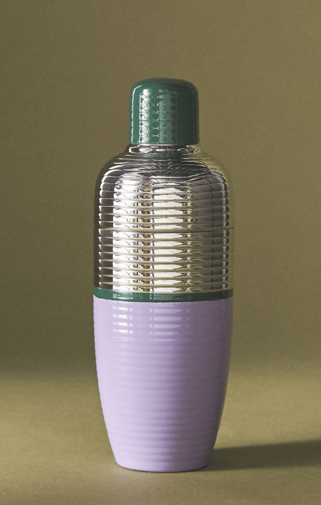 Purple, silver, and green cocktail shaker.