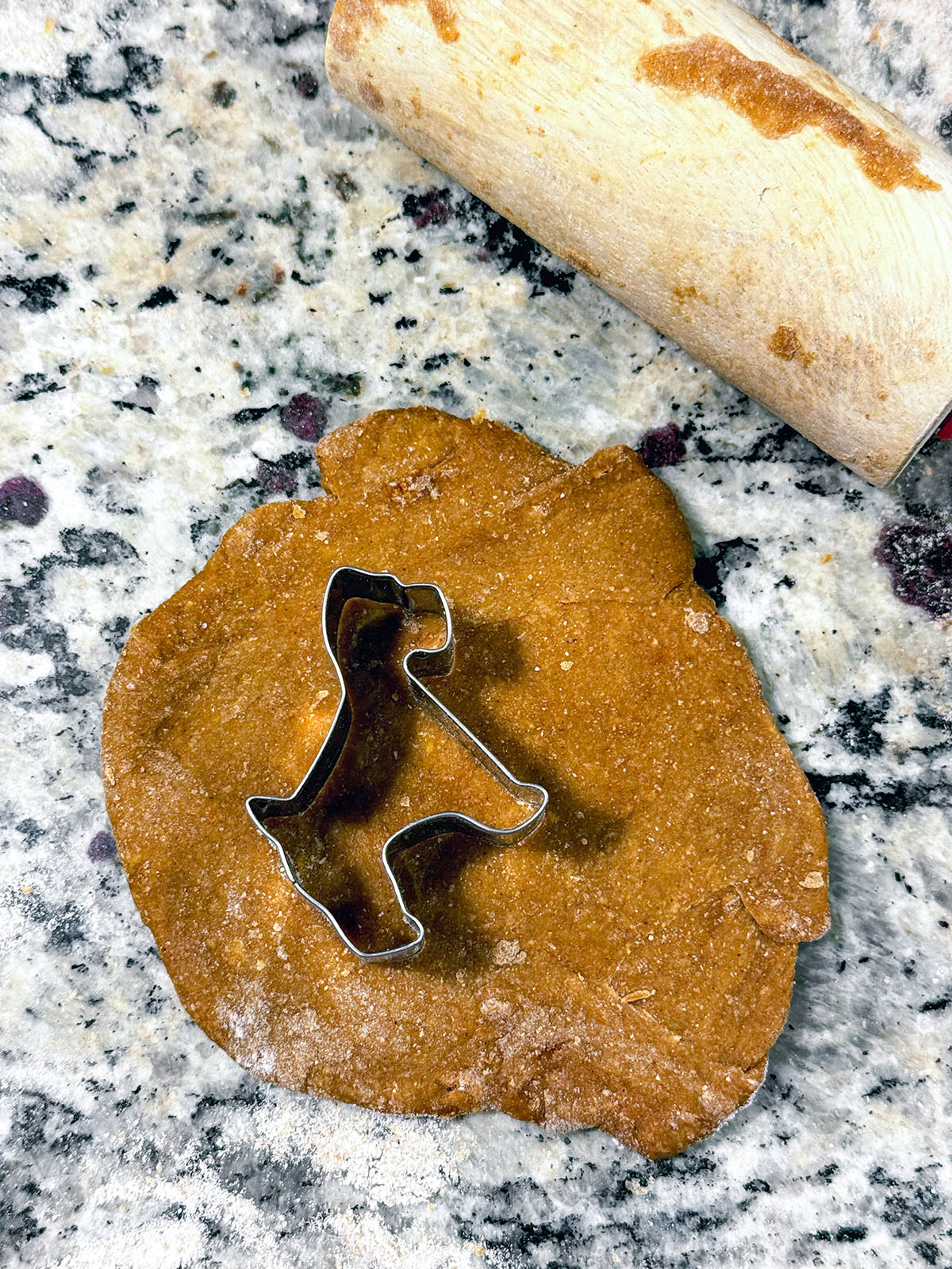 Gingerbread cookie dough with dog cook cutter cutting out shapes.