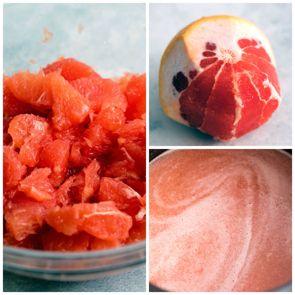 Collage showing grapefruit jam making process, including grapefruit half peeled being supremed, grapefruit flesh sectioned, and grapefruit juice ready to be made into jam