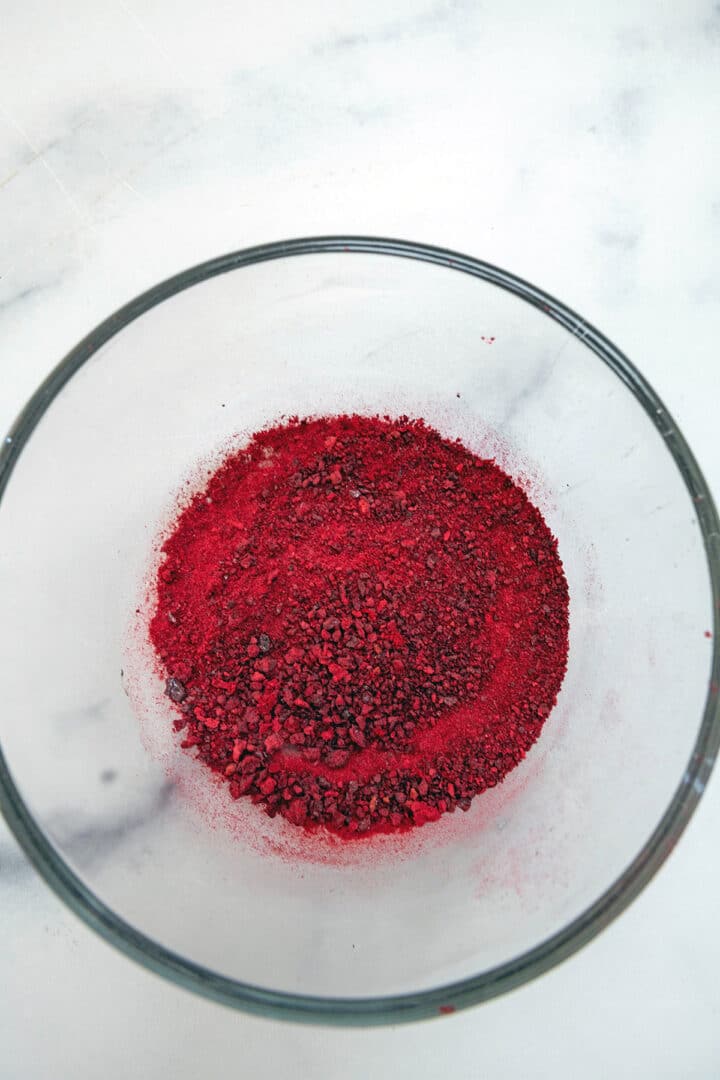 Ground freeze-dried cherries in small bowl.