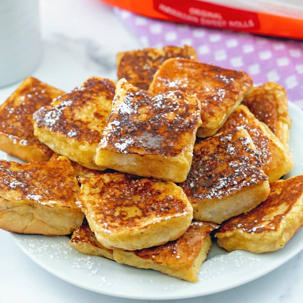 Closeup view of Hawaiian roll french toast.