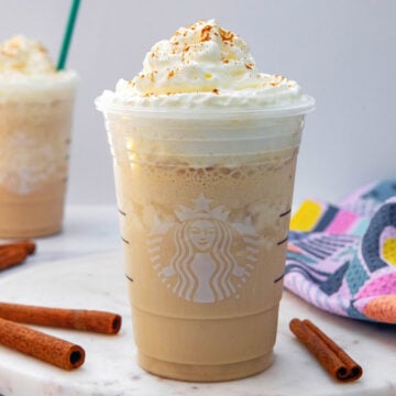 Closeup view of a Horchata Frappuccino with whipped cream.
