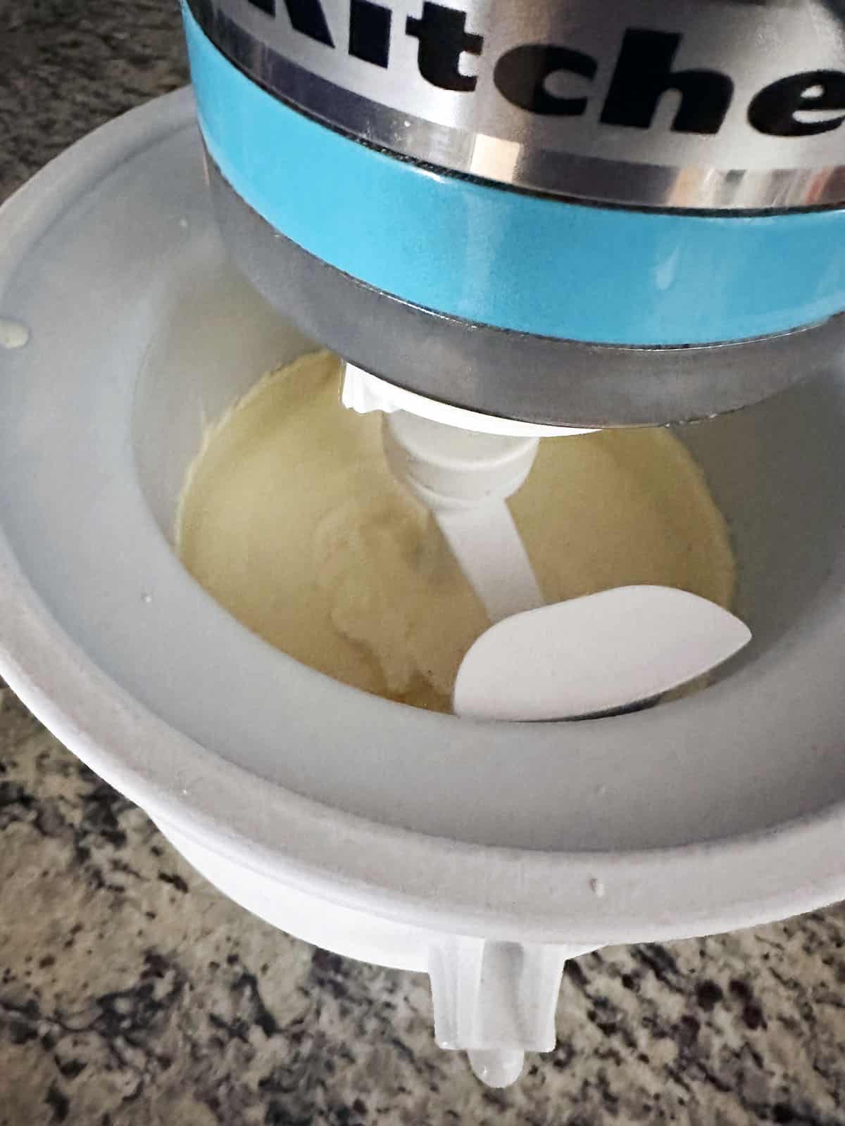 Ice cream processing in KitchenAid ice cream attachment.