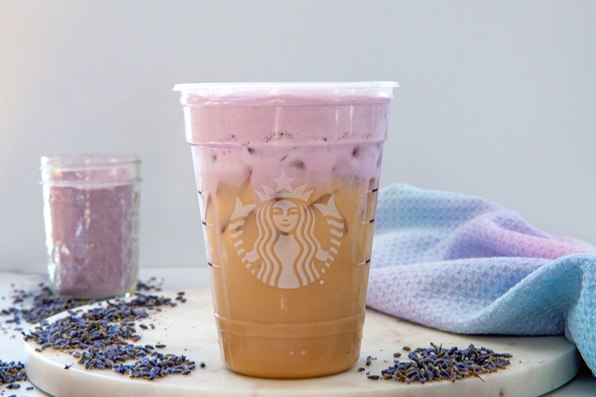 Landscape head-on view of an Iced Lavender Cream Chai in a Starbucks cup with jar of lavender powder in background and flowers all around.
