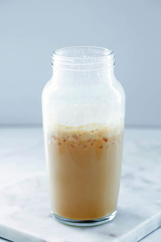 Iced white chocolate mocha in a clear shaker.