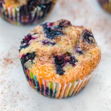 Closeup overhead view of a Jordan Marsh blueberry muffin.