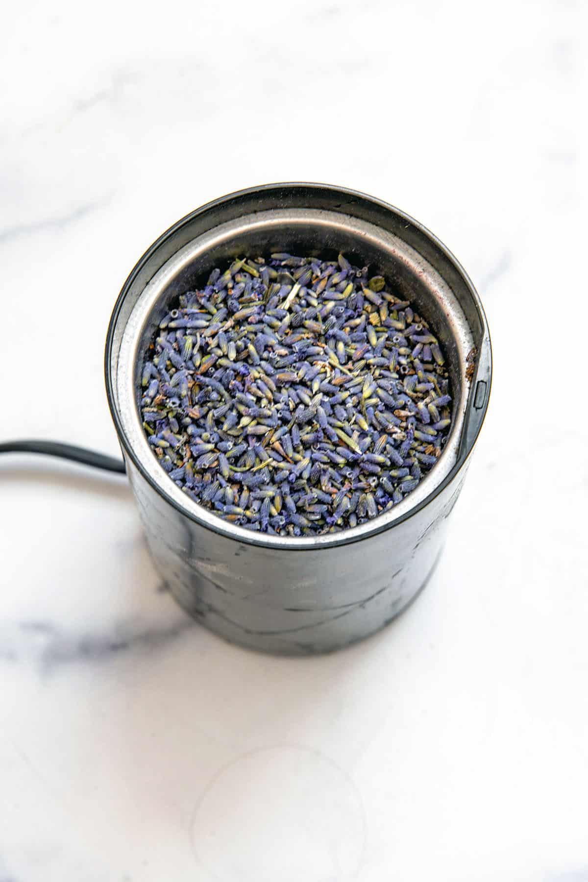 Dried lavender flowers in spice blender.