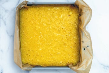 Baked lemon filling in shortbread crust.