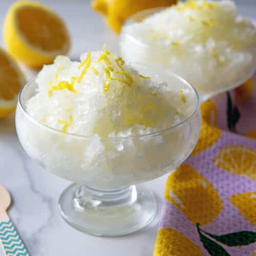 Closeup view of lemonade granita in dishes.