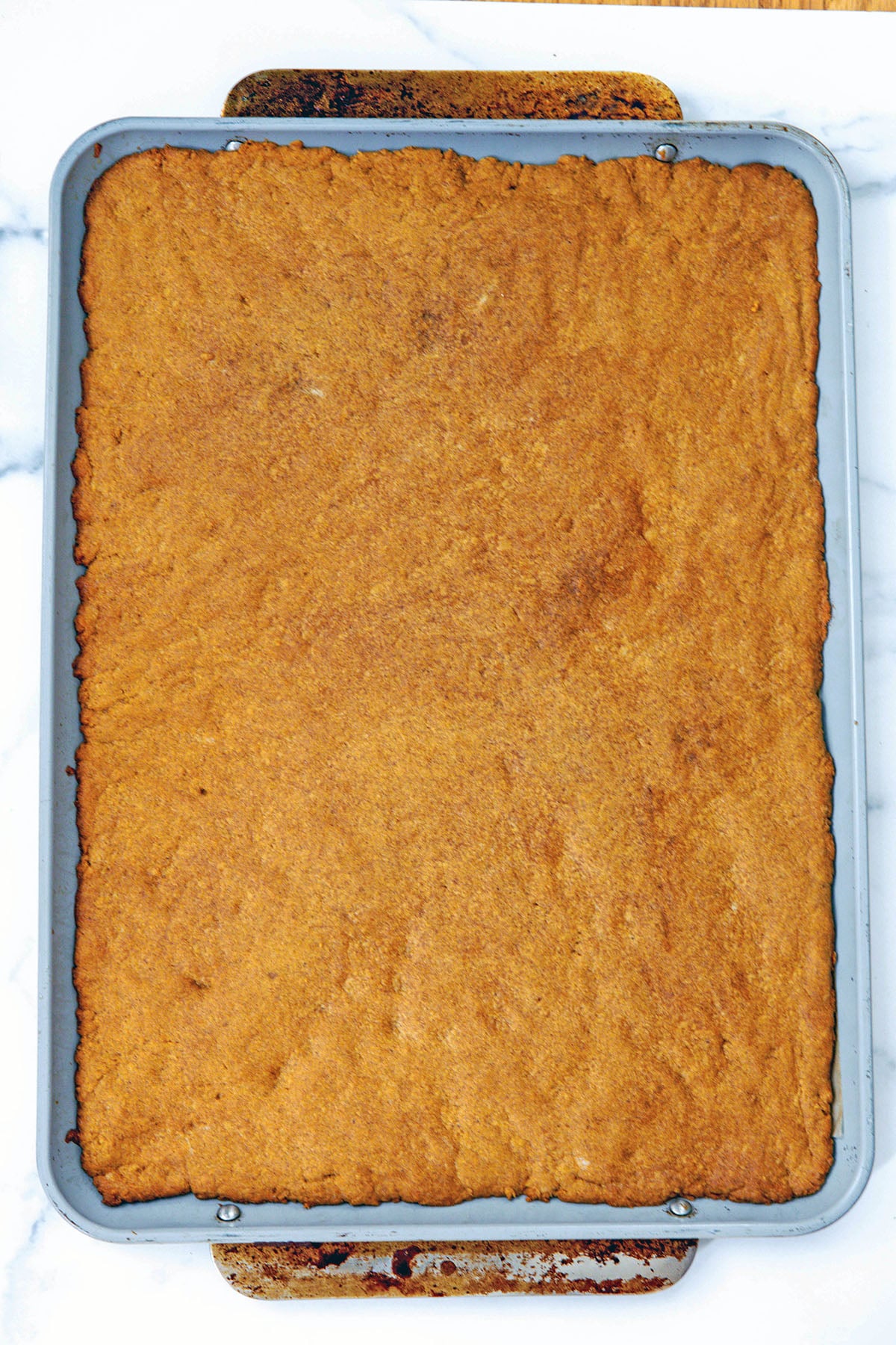 Gingerbread cookie baked in sheet pan.