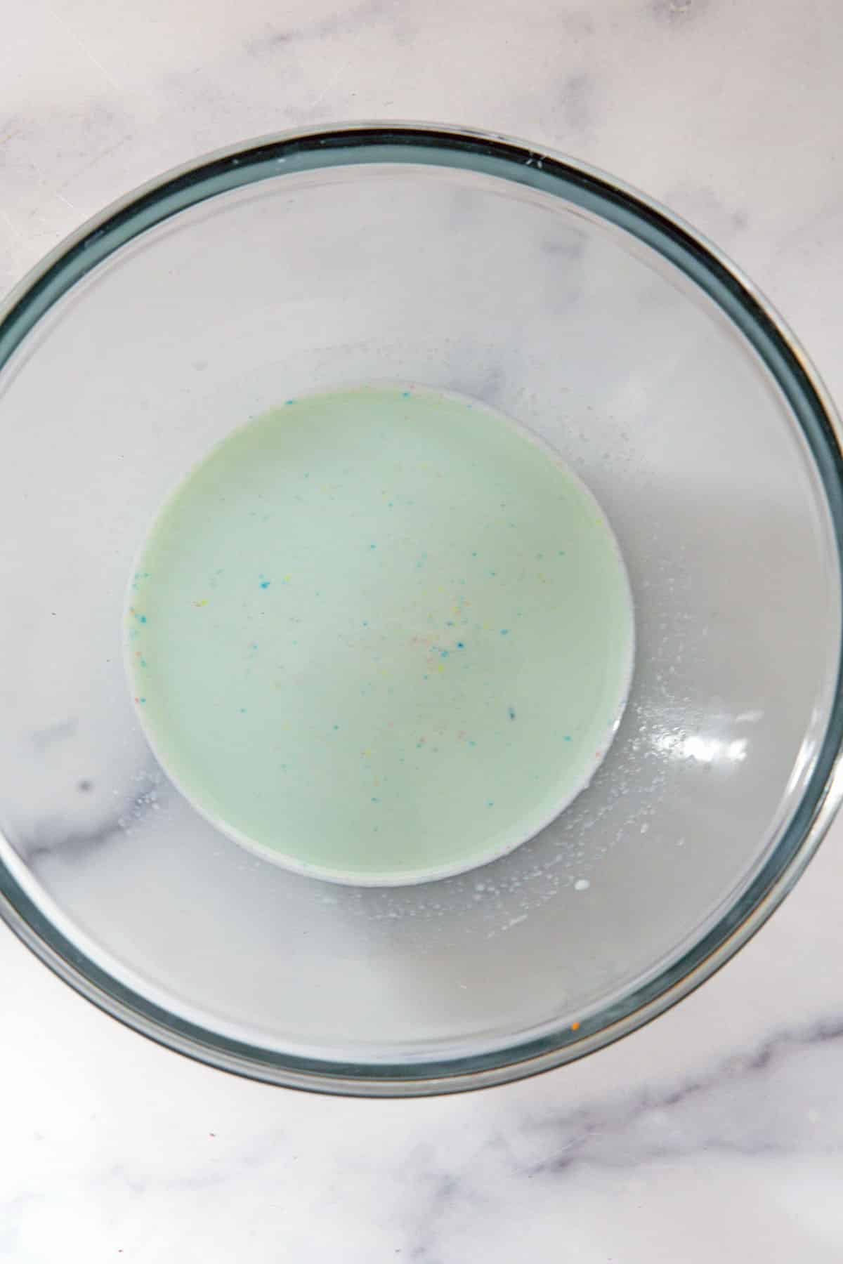 Blue cereal milk in bowl.