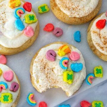 Closeup view of frosted Lucky Charms cookies.
