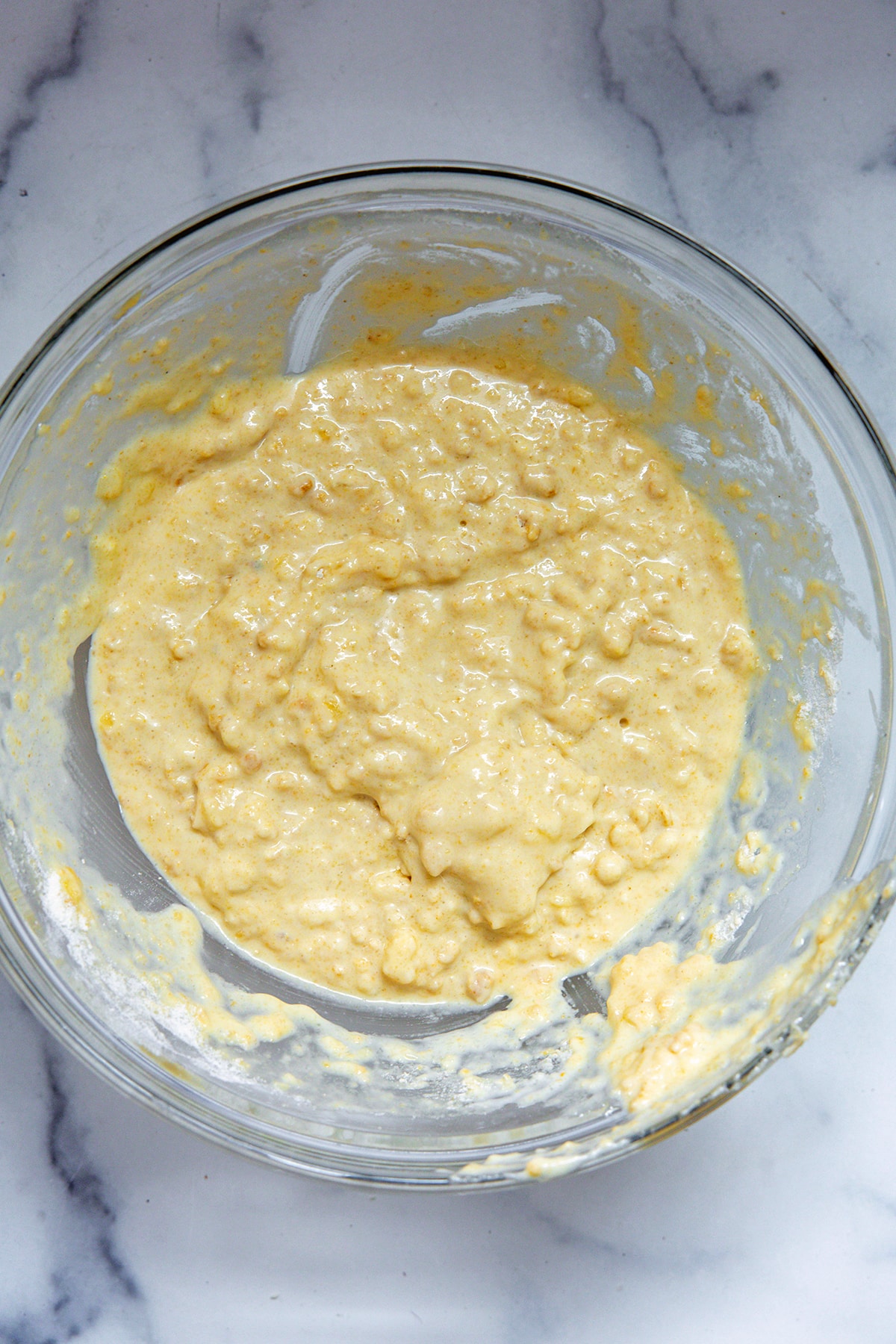 Pancake batter in mixing bowl.