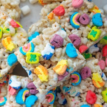 Closeup view of a Lucky Charms Rice Krispie treat with colorful marshmallows.