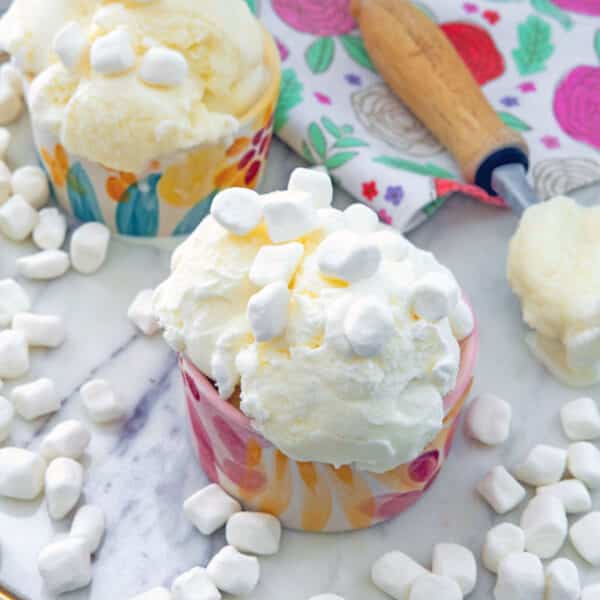 Closeup view of a bowl of marshmallow ice cream with mini marshmallows.