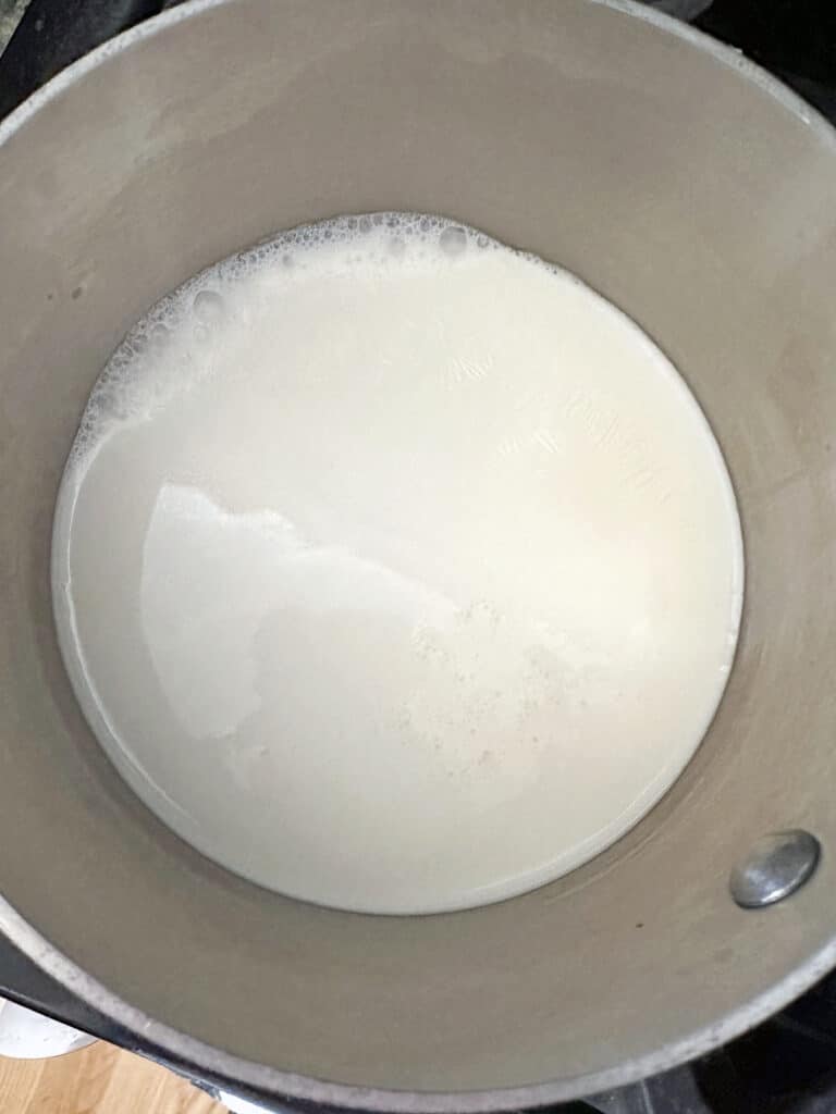 Cream, milk, and garlic mixture in saucepan.
