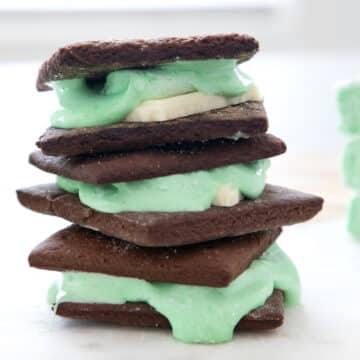 Closeup view of a stack of s'mores made with chocolate graham crackers. mint marshmallows, and white chocolate.