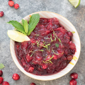 Overhead view of a bowl of mojito cranberry sauce.