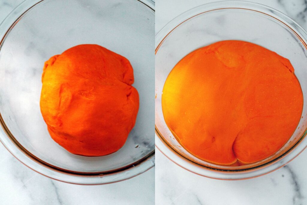 One photo of an orange dough ball in a bowl and another photo of the dough ball in bowl after rising.