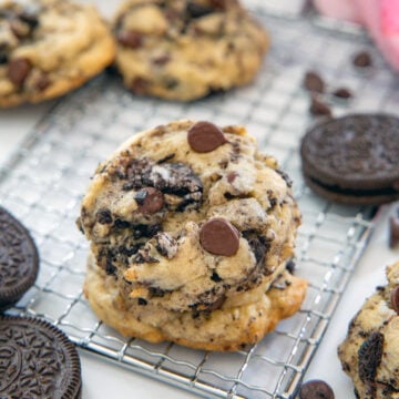 Closeup view of Oreo chocolate chip cookie stack.