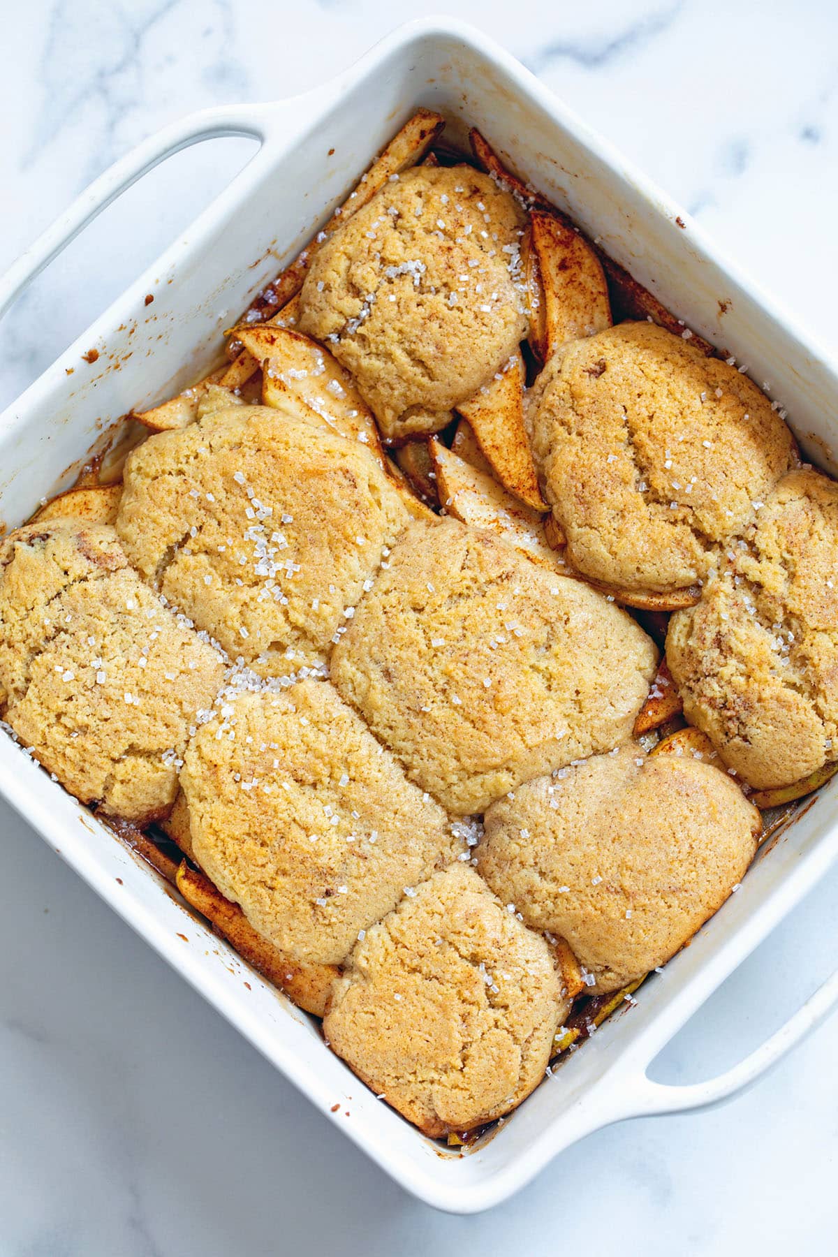 Pear cobbler in baking dish just out of the oven.