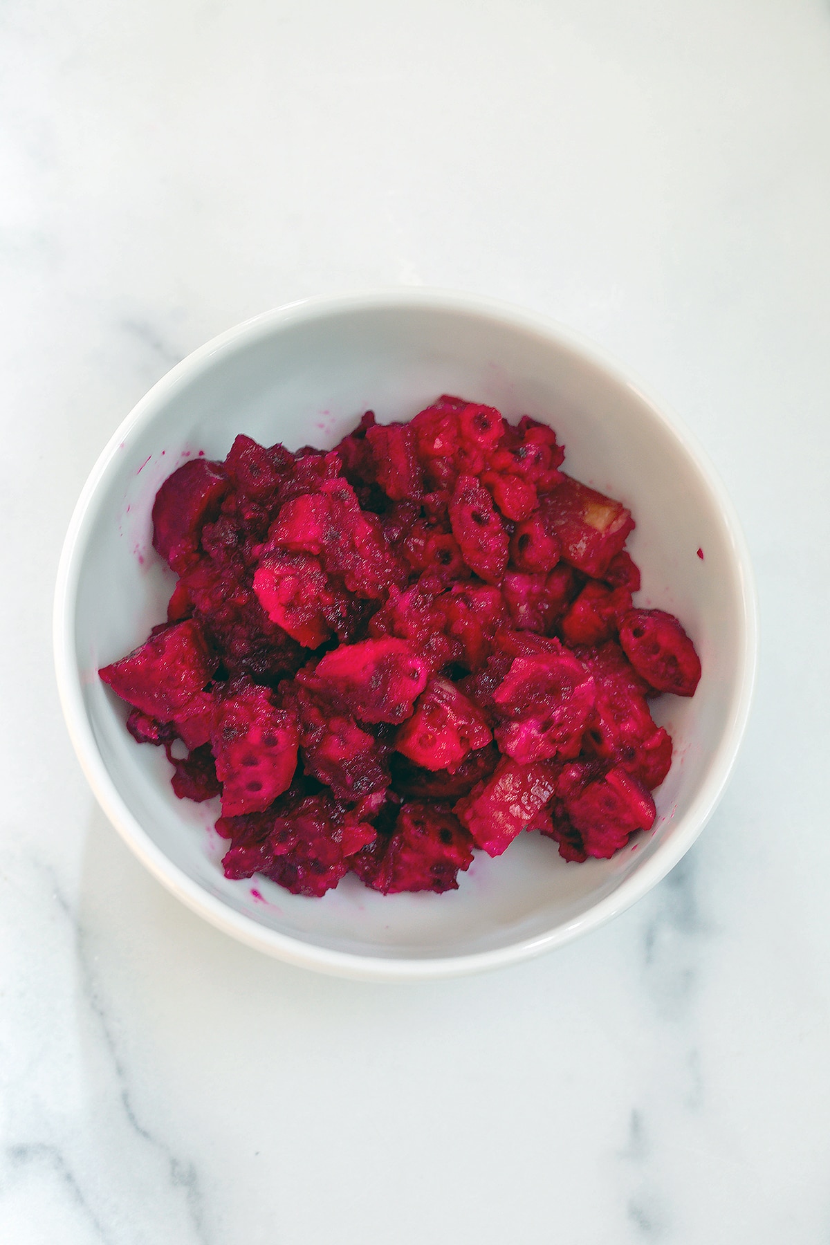 Chopped prickly pear meat in a small bowl.