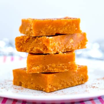 Closeup view of a stack of pumpkin fudge.