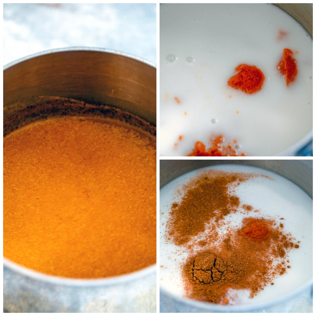 Collage showing process for making pumpkin hot coconut, including saucepan with coconut milk and pumpkin puree, saucepan with coconut milk and pumpkin pie spice, and saucepan with coconut milk, pumpkin puree, and pumpkin pie spice all mixed together