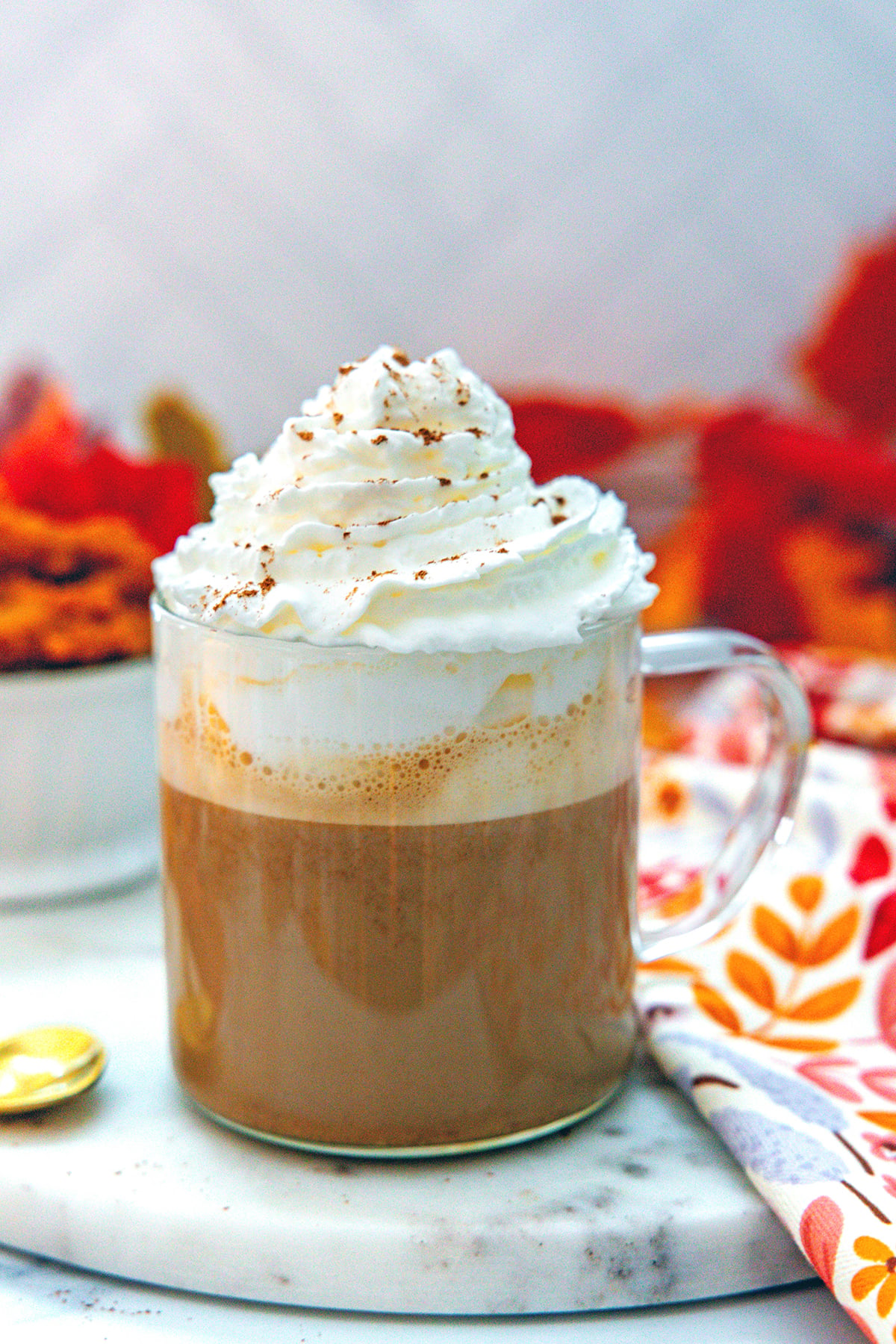Head-on view of a pumpkin spice latte topped with whipped cream.