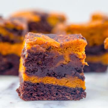 Closeup view of a pumpkin swirl brownie.