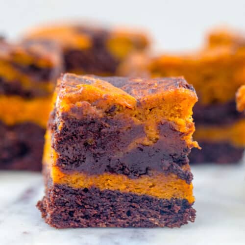 Closeup view of a pumpkin swirl brownie.