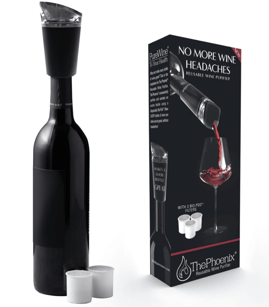 PureWine purifier device and bottle of wine.