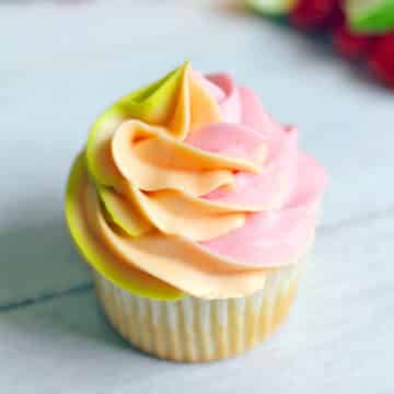 Rainbow sherbet cupcake with pink, orange, and green swirled frosting.