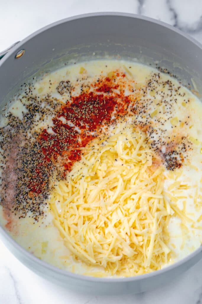 Cheese sauce with shredded cheese and spices in pot.