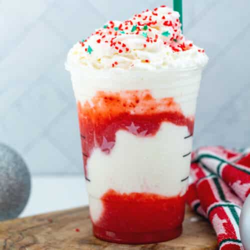 Red and white Santa Claus Frappuccino in a Starbucks cup.