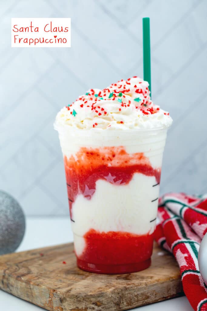 Head-on view of a red and white Santa Claus Frappuccino Starbucks copycat with recipe title at top.