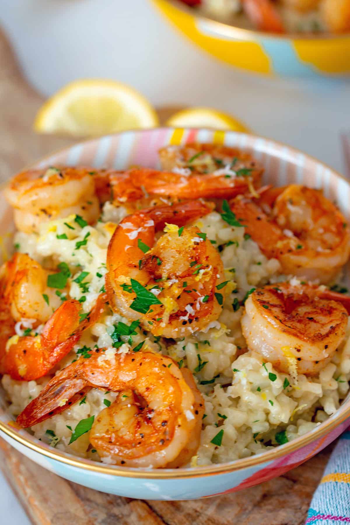 Closeup view of shrimp risotto in bowl.