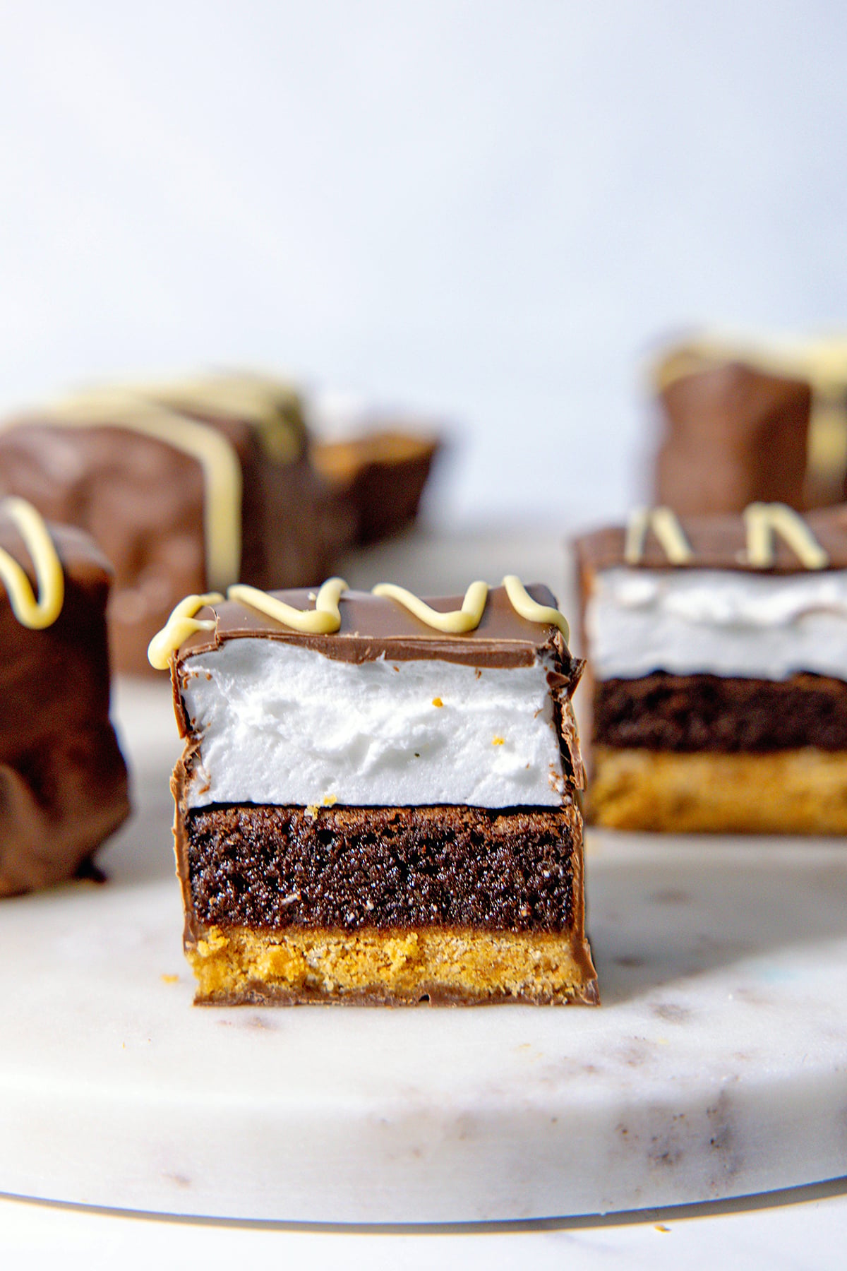 Head-on view of s'mores brownie bars with graham cracker, brownie, and marshmallow layer coated in chocolate.