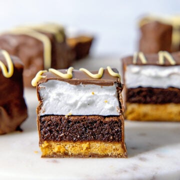 Close-up view of s'mores bars cut in half to show graham cracker, brownie, and marshmallow layers.